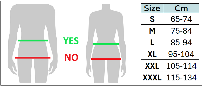 Size chart for unisex hernia belt/abdominal wrap with sizes in centimetres.