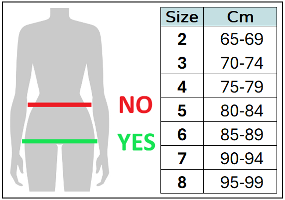 Size chart for female hernia pants with sizes in centimetres.