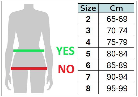 Size chart for female hernia pants with sizes in centimetres.