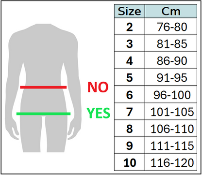 Size chart for male hernia briefs with sizes in centimetres.