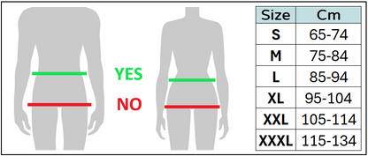 Size chart for unisex hernia belt/abdominal wrap with sizes in centimetres.