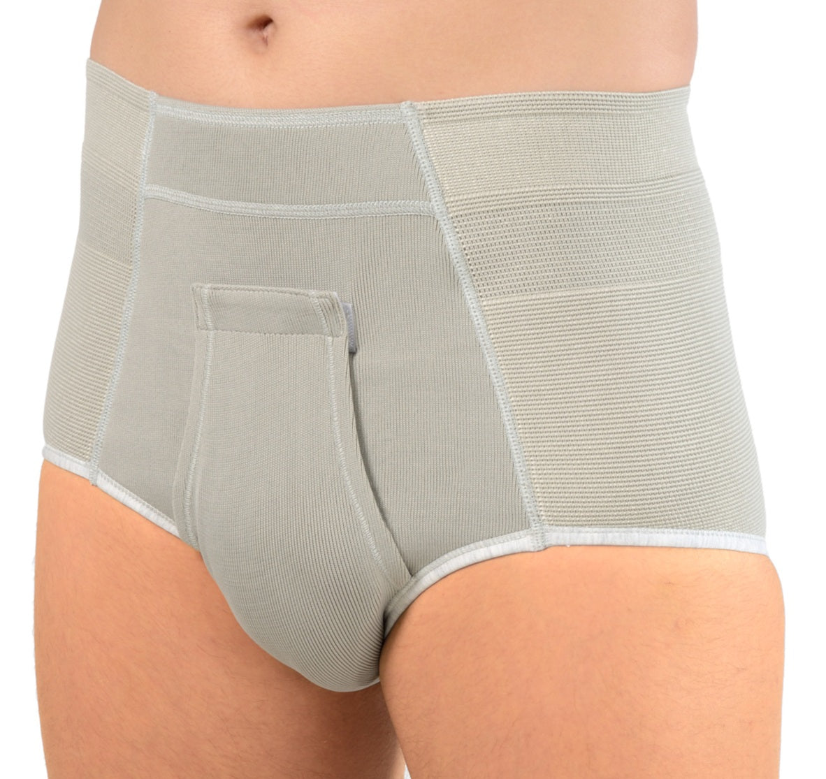 A pair of grey hernia support briefs. Hernia underwear for men.
