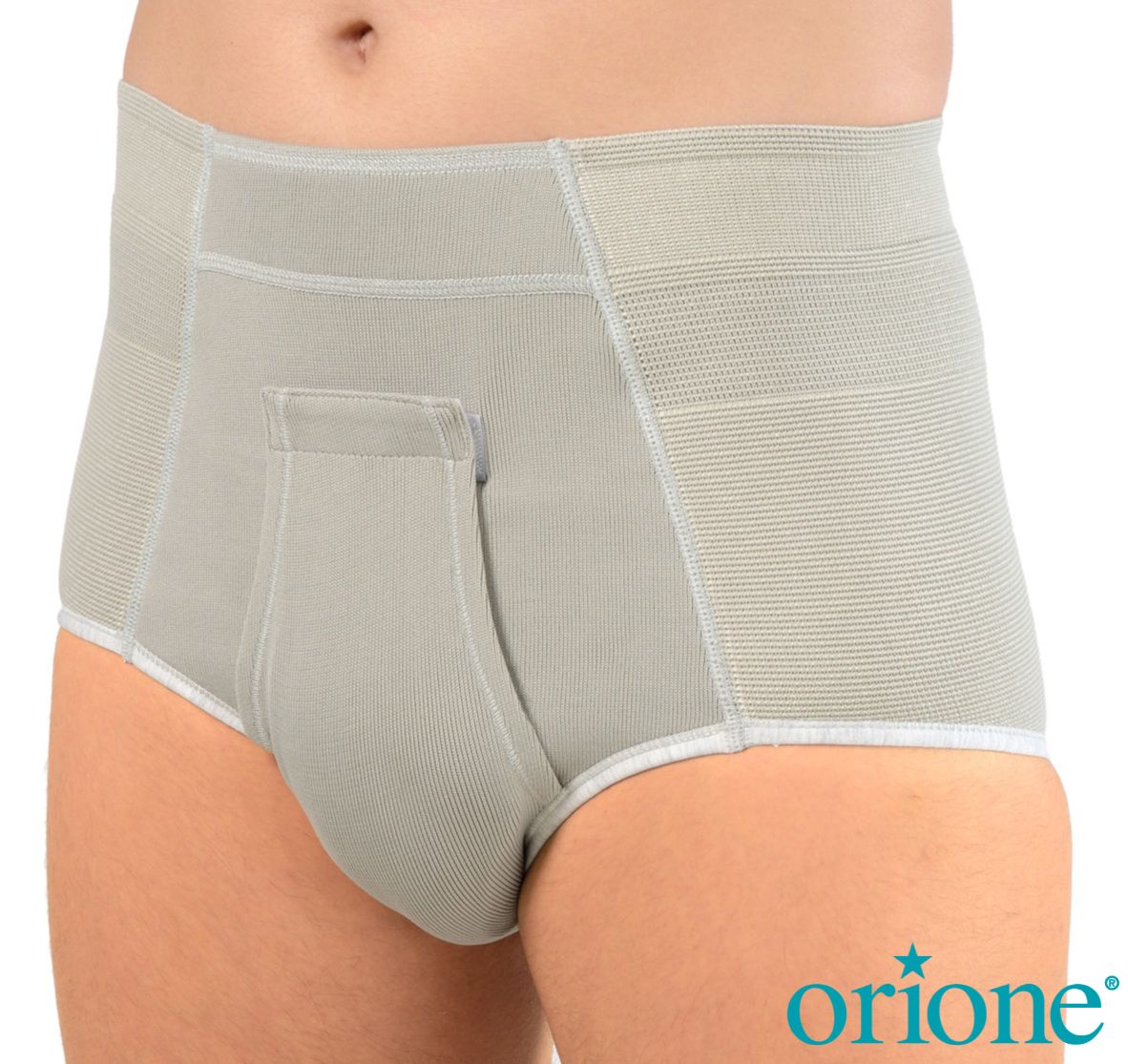 A pair of grey hernia support briefs. Hernia underwear for men.