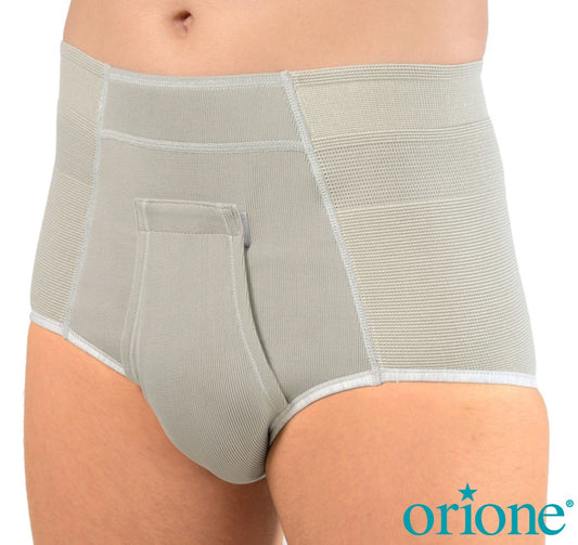 A pair of grey hernia support briefs. Hernia underwear for men.